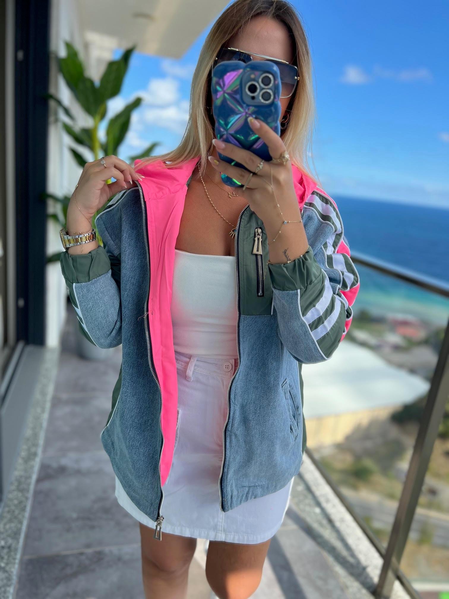 2717 Şeritli Mix Ceket PEMBE