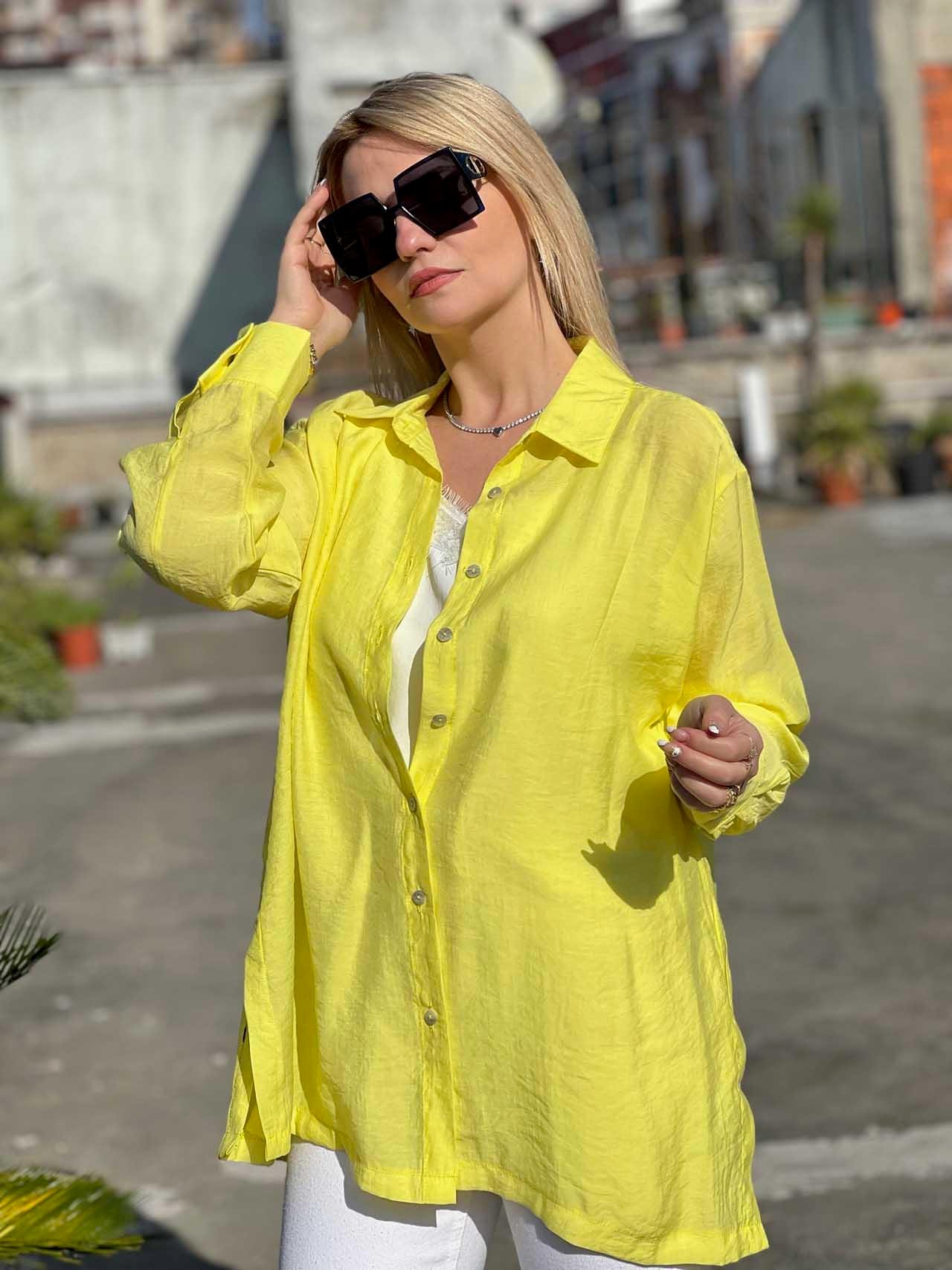 27476 Sedef Düğmeli Owersize Gömlek SARI