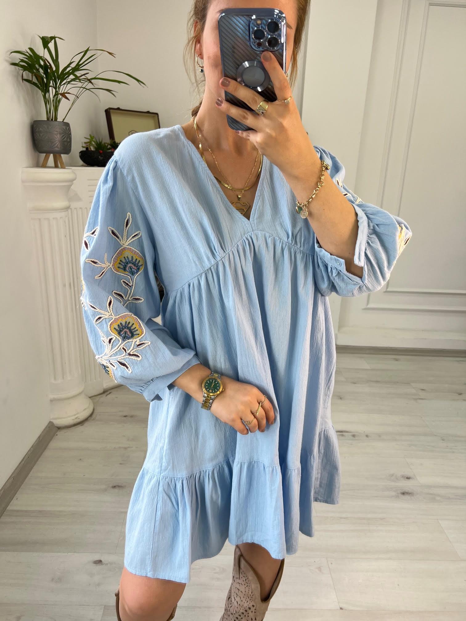 2749 Kolları Nakış Elbise BEBE MAVİ