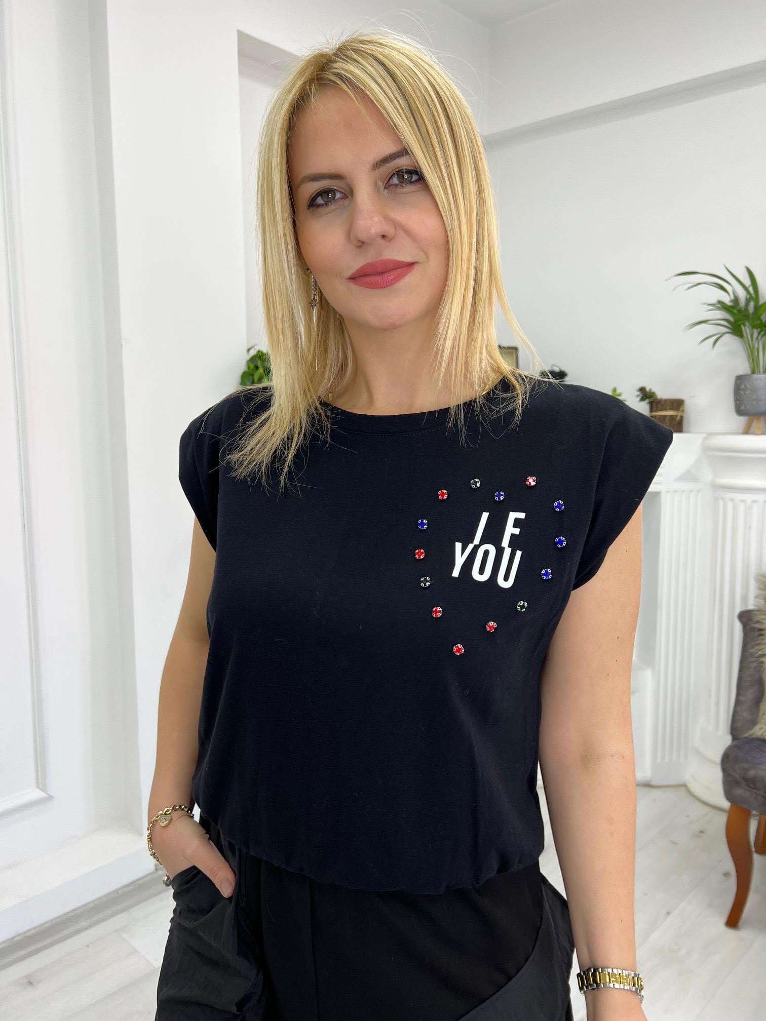 27506 Taş Detaylı Tshirt SİYAH