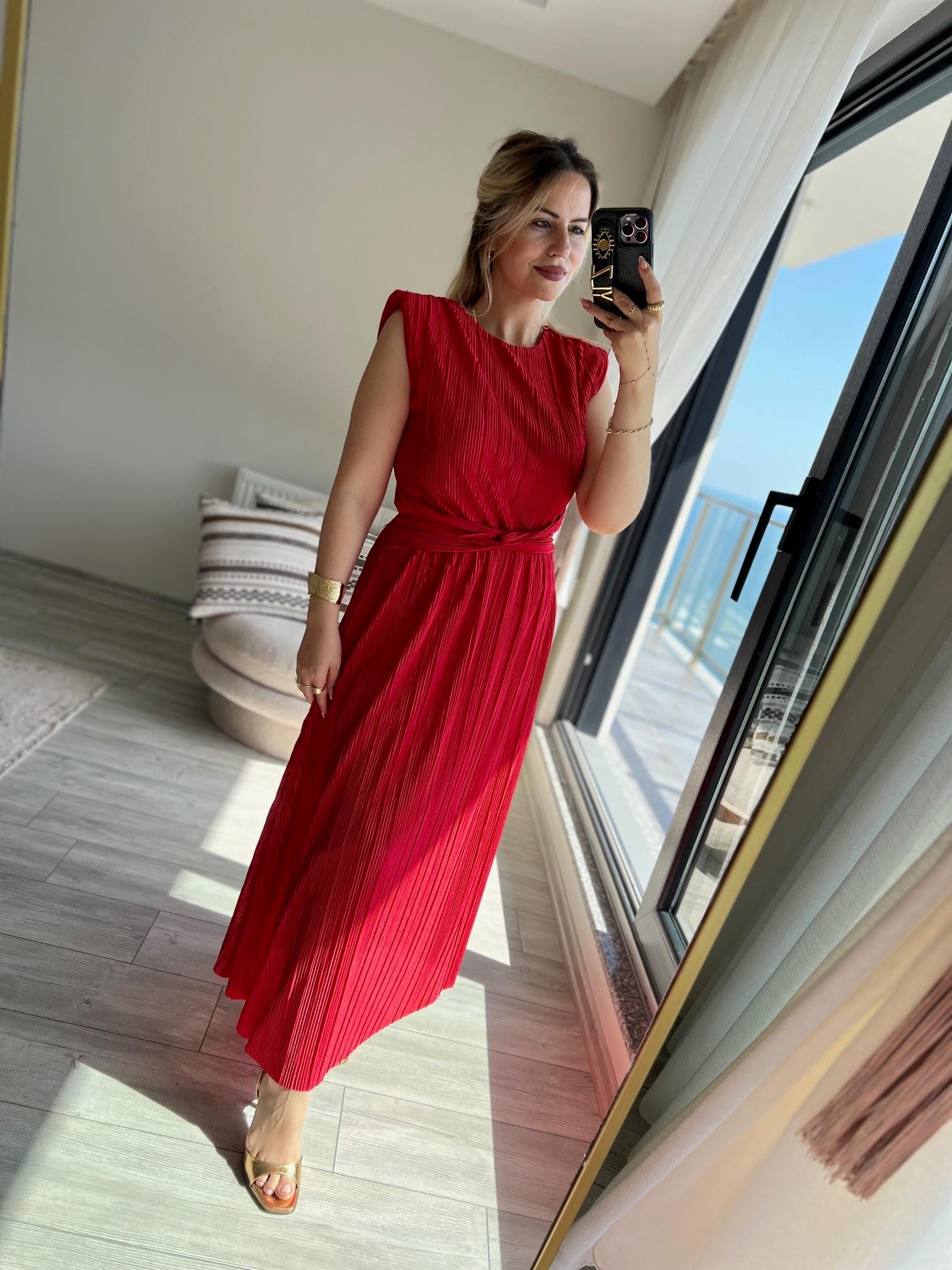 279083 Vatkalı Elbise KIRMIZI