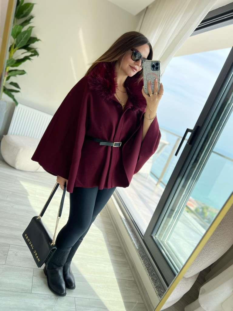 2805 Peluş Yaka Kemerli Panço BORDO