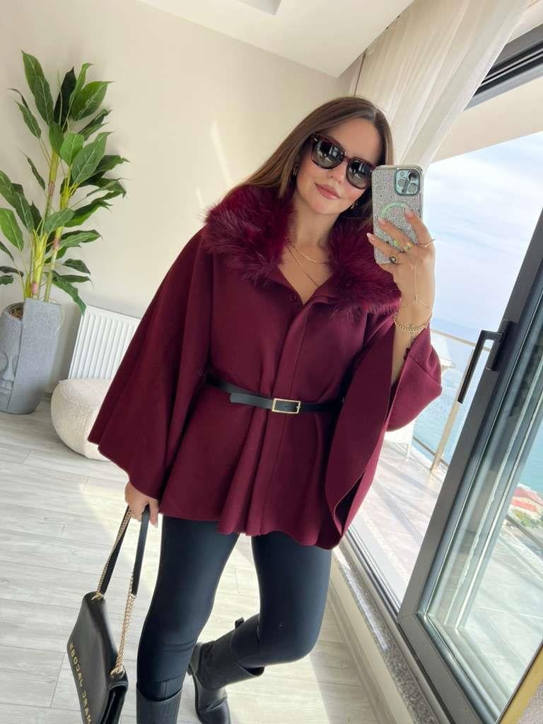 2805 Peluş Yaka Kemerli Panço BORDO