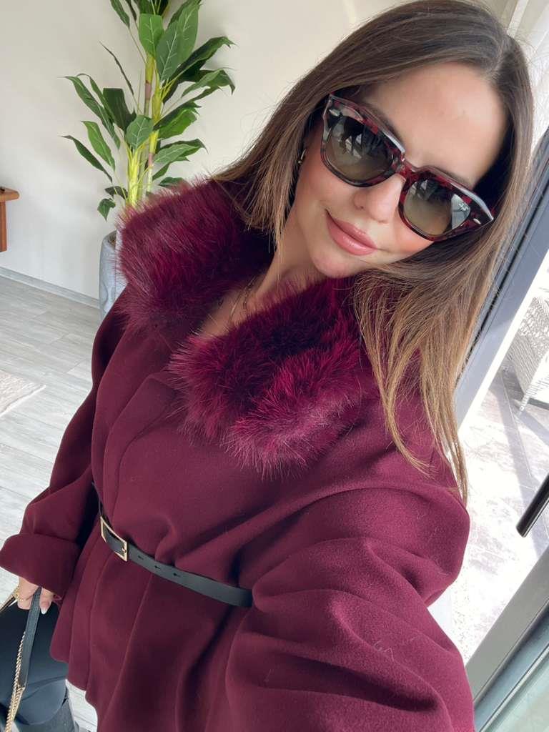 2805 Peluş Yaka Kemerli Panço BORDO