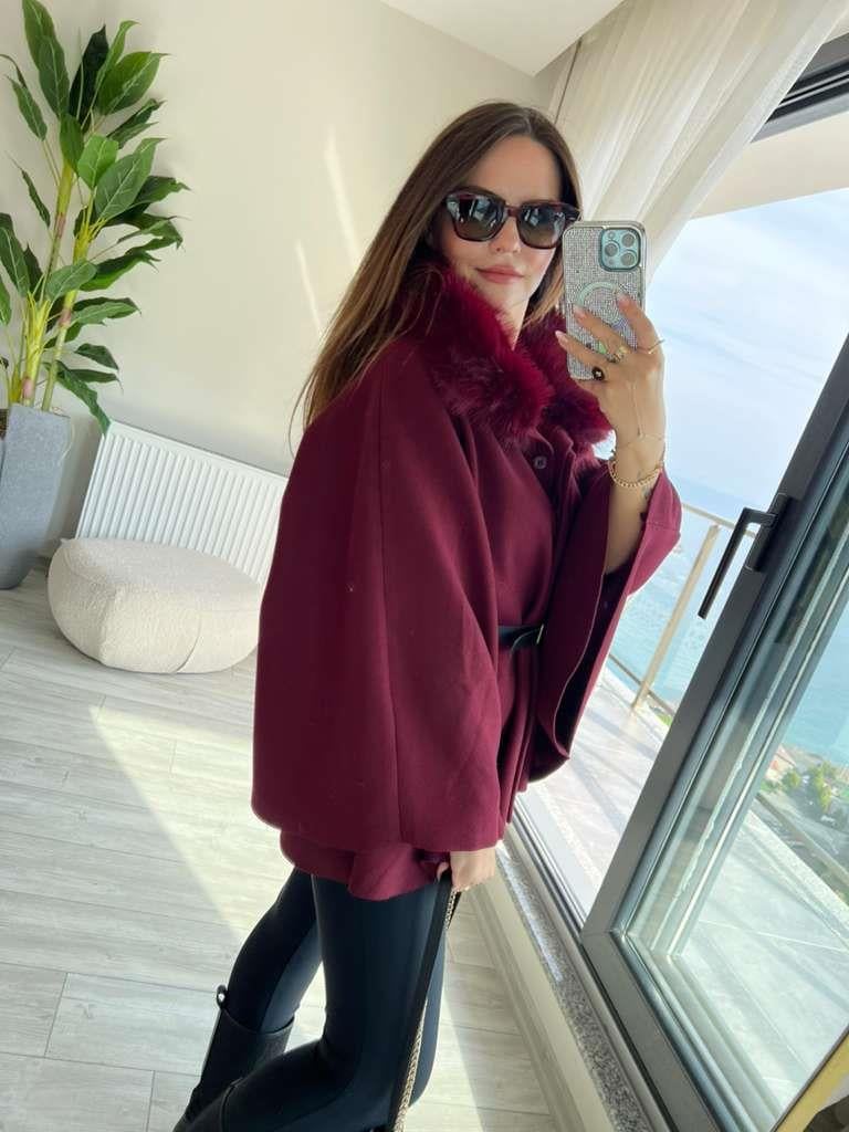 2805 Peluş Yaka Kemerli Panço BORDO