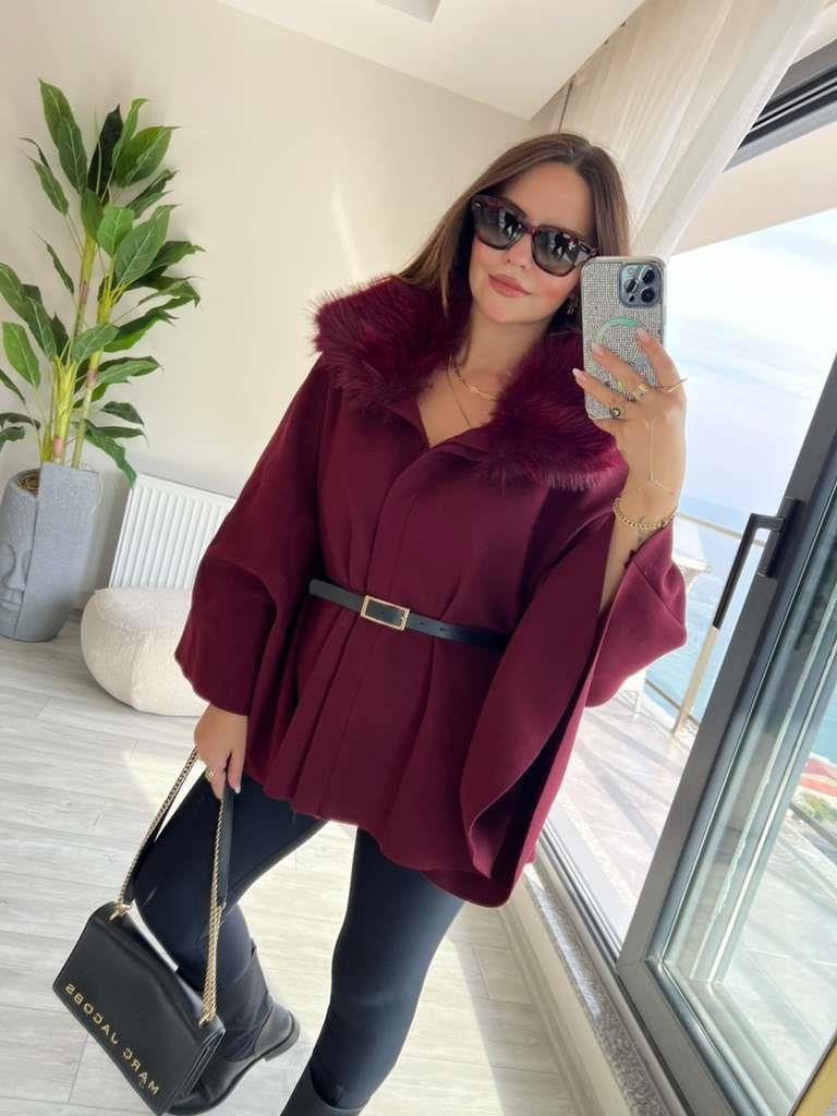 2805 Peluş Yaka Kemerli Panço BORDO
