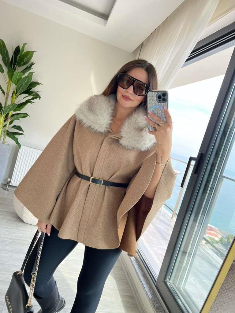 2805 Peluş Yaka Kemerli Panço CAMEL