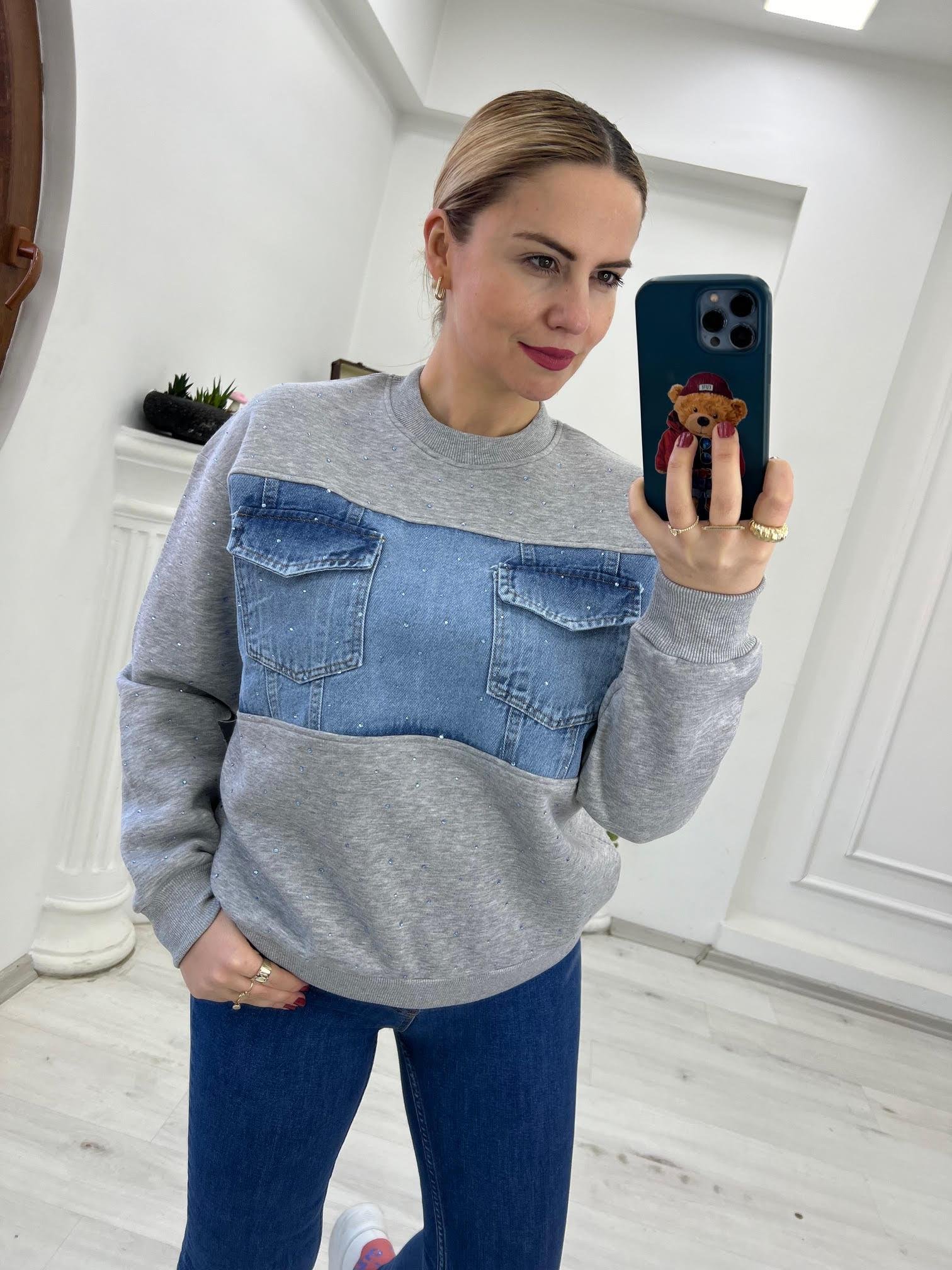 2824  Önü Jean Çizgili Sweat GRİ