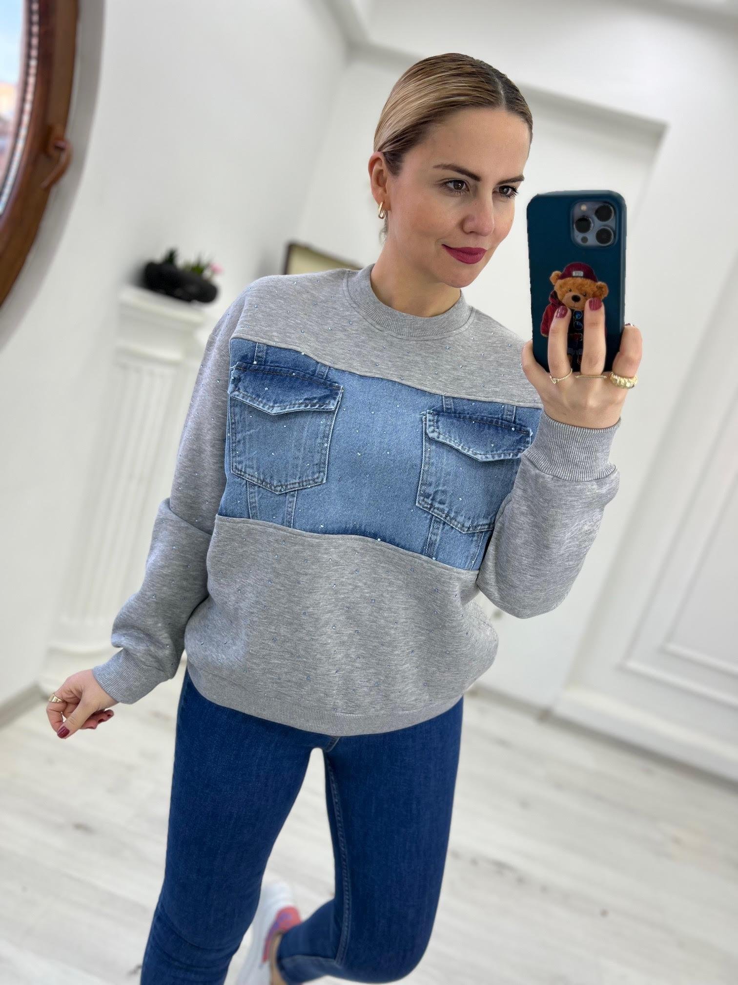 2824  Önü Jean Çizgili Sweat GRİ