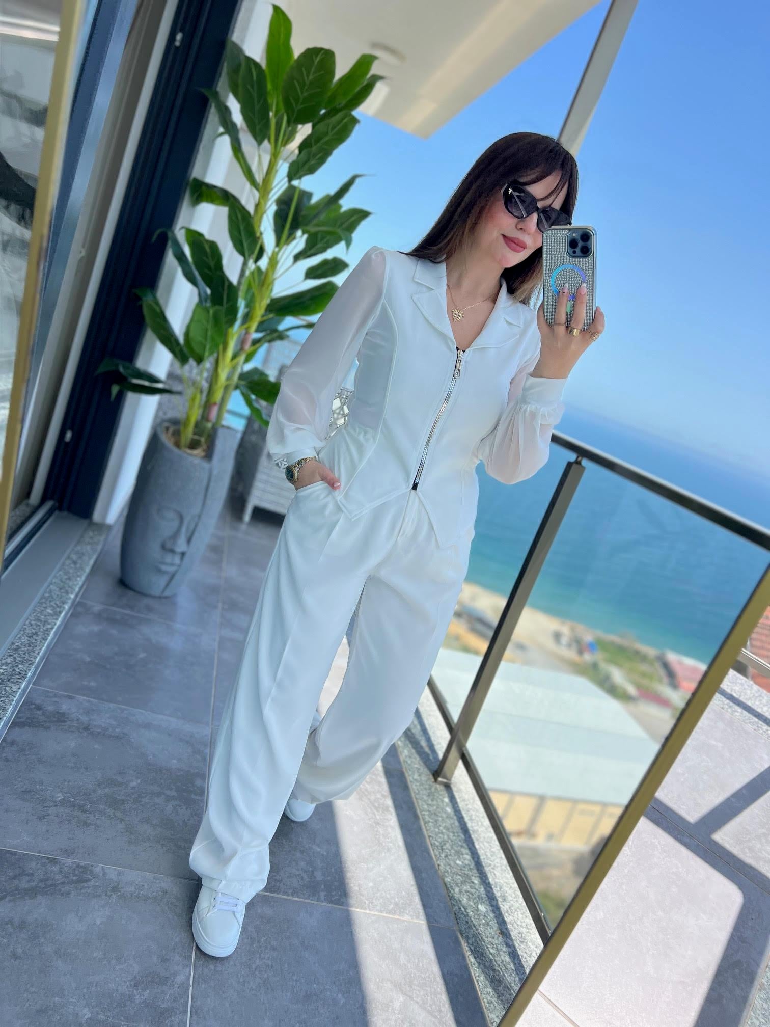 2841 Fermuarlı Bluz BEYAZ