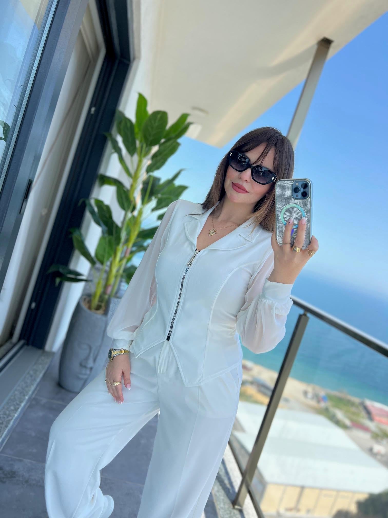 2841 Fermuarlı Bluz BEYAZ