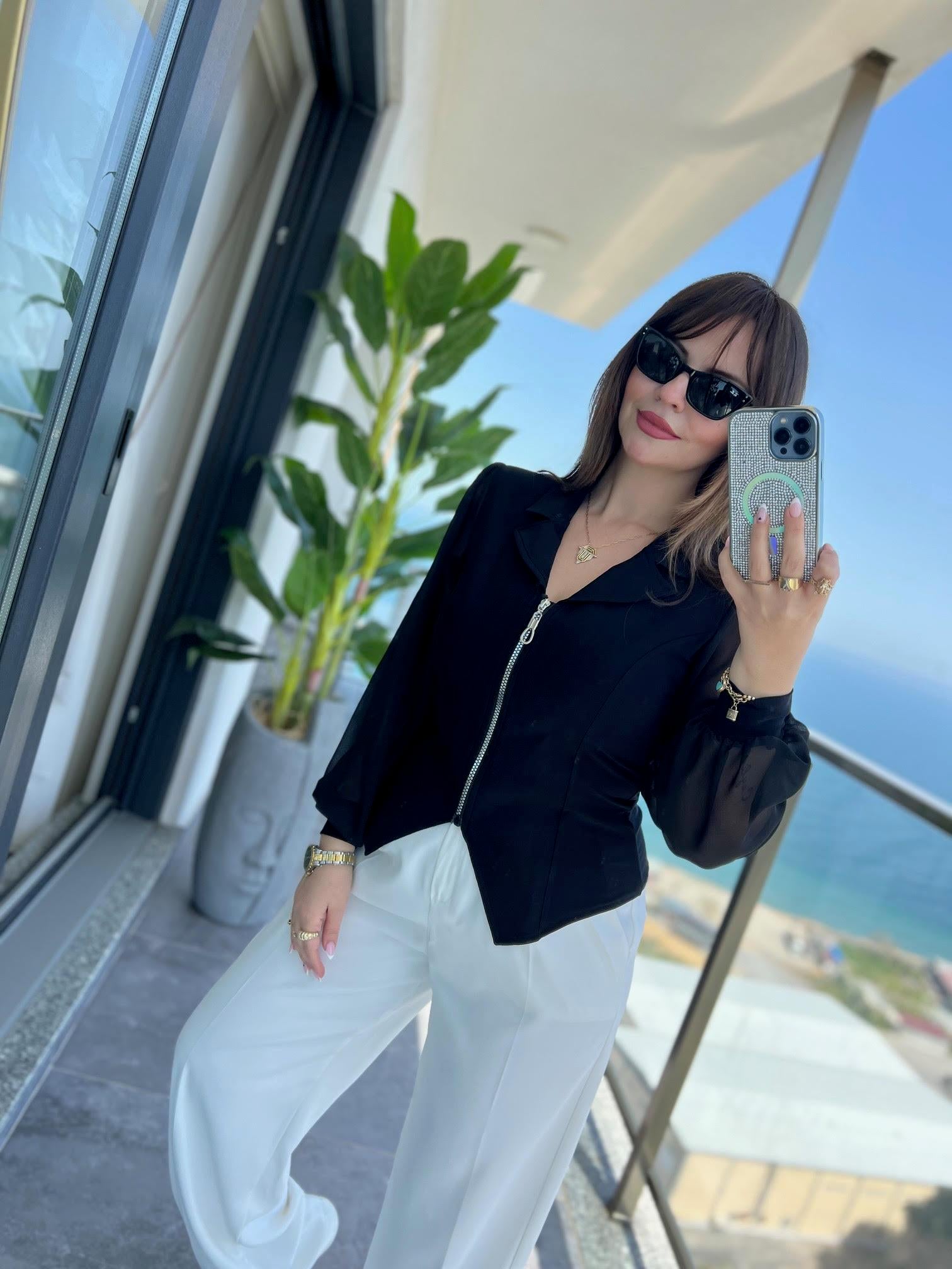 2841 Fermuarlı Bluz SİYAH