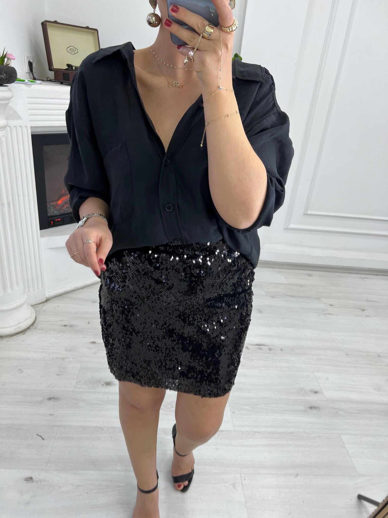 28430 Lastik Bel Payetli Etek SİYAH