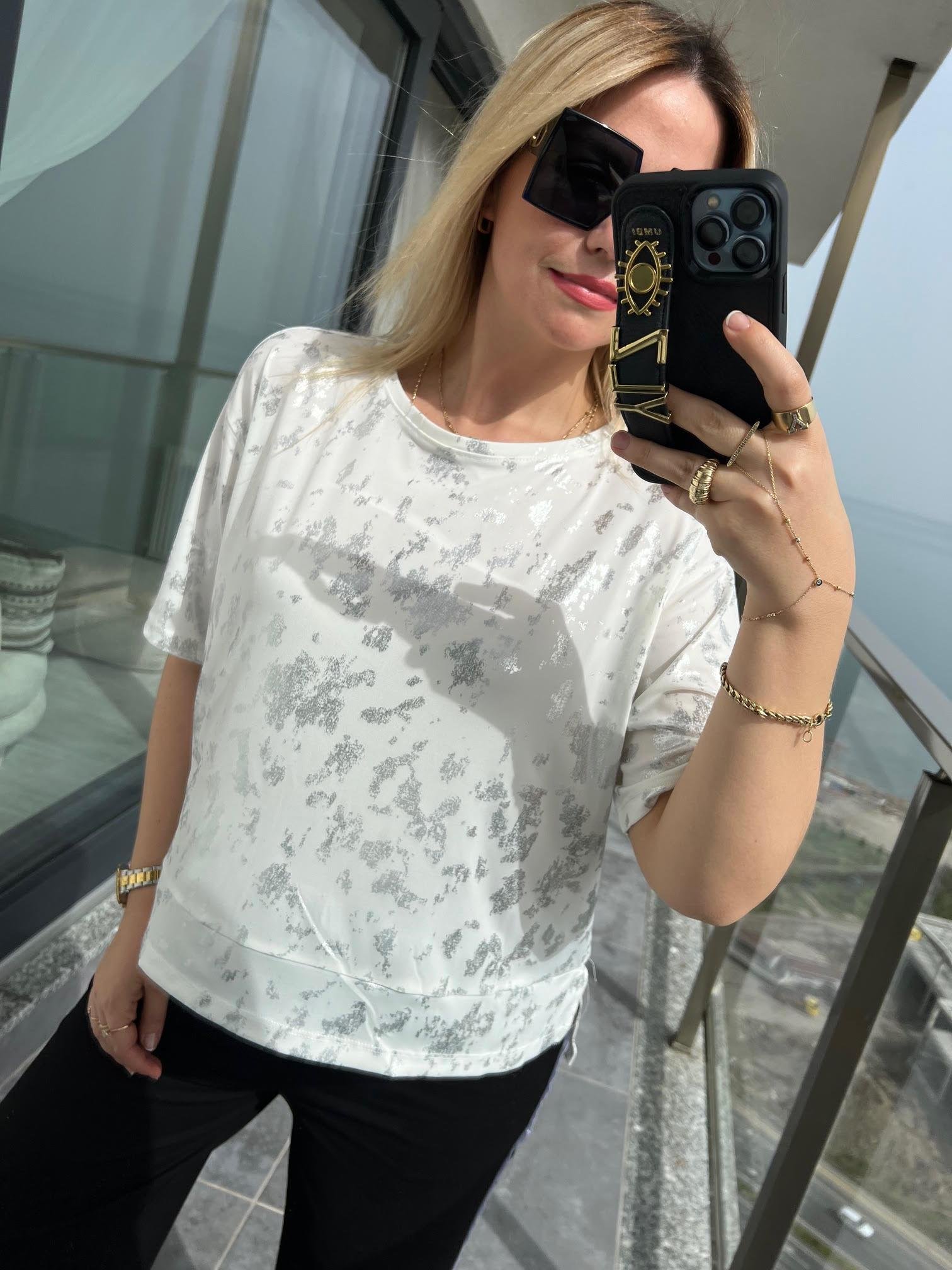 28447 Bisiklet Yaka Varaklı Tshirt EKRU
