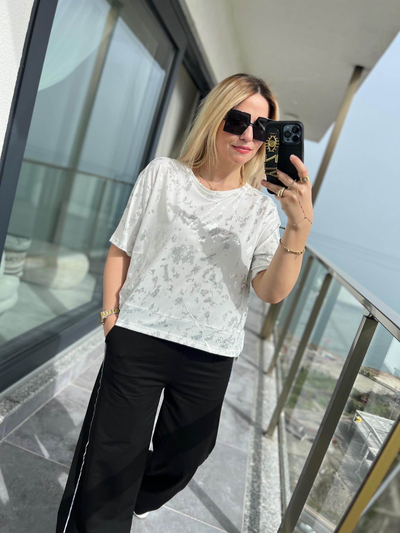 28447 Bisiklet Yaka Varaklı Tshirt EKRU