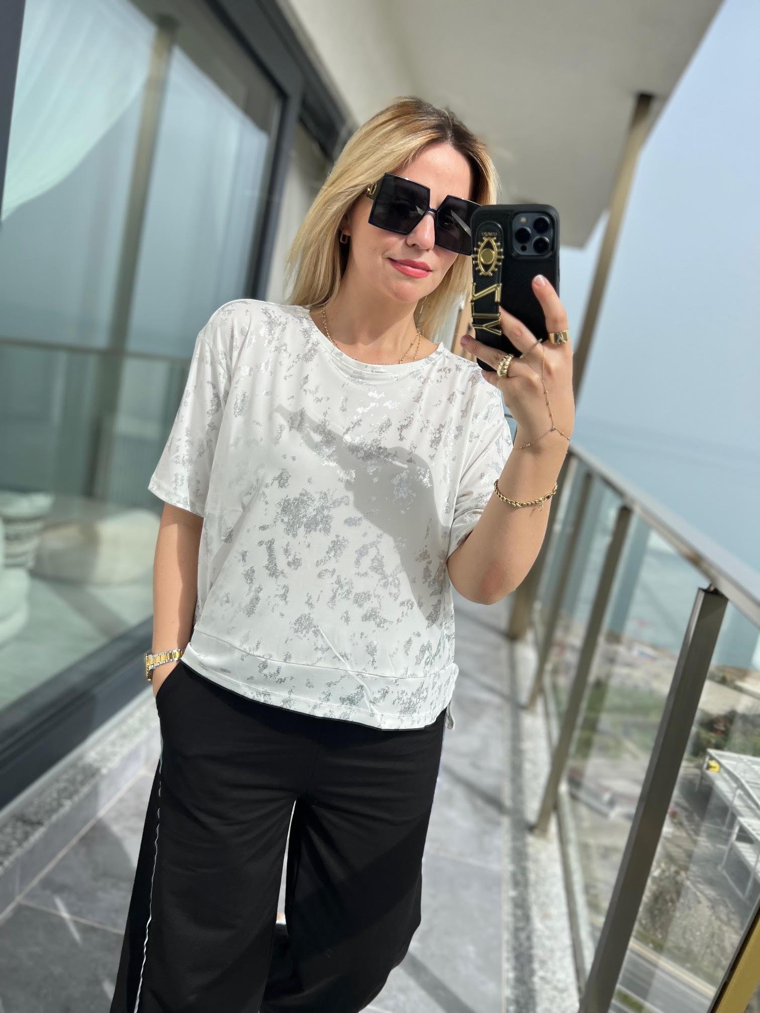 28447 Bisiklet Yaka Varaklı Tshirt EKRU