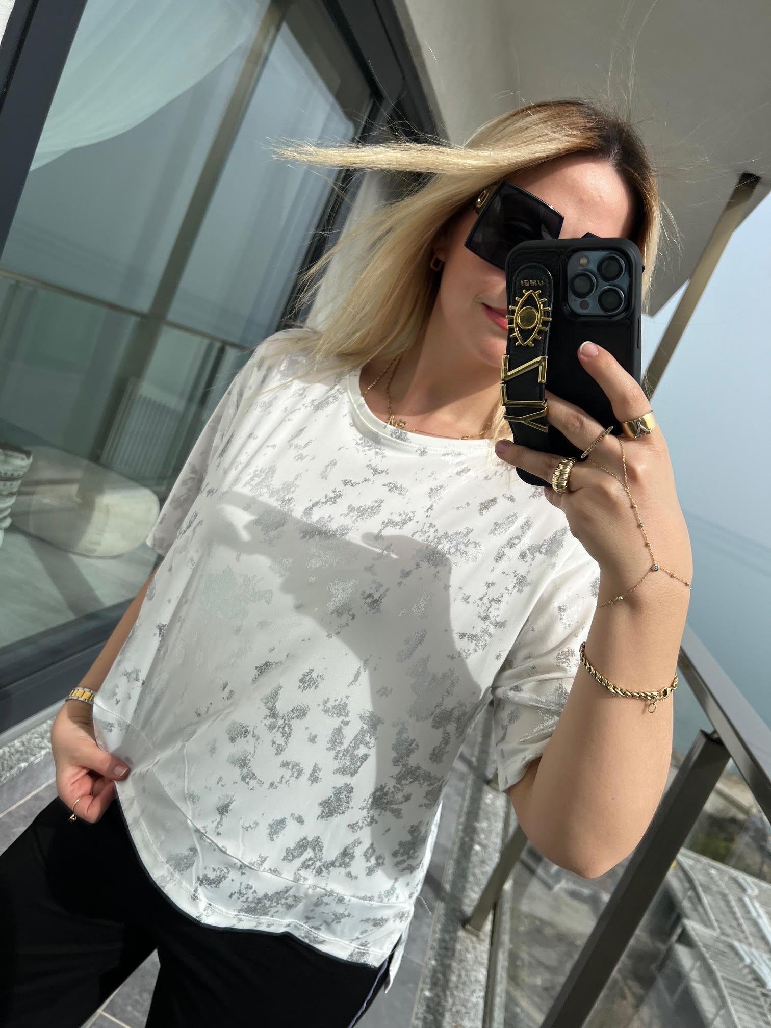28447 Bisiklet Yaka Varaklı Tshirt EKRU