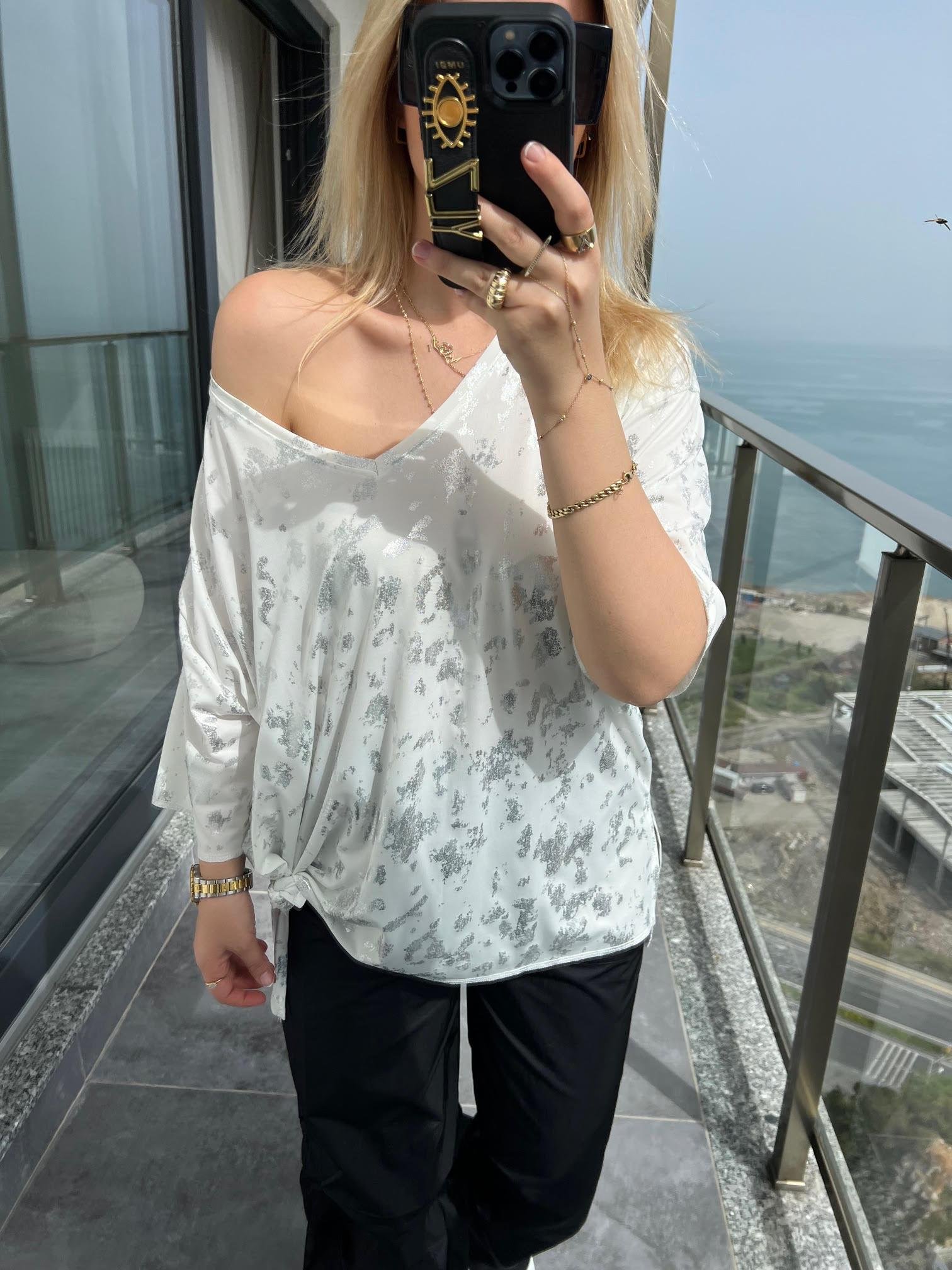 28500 Gümüş Varaklı Tshirt EKRU