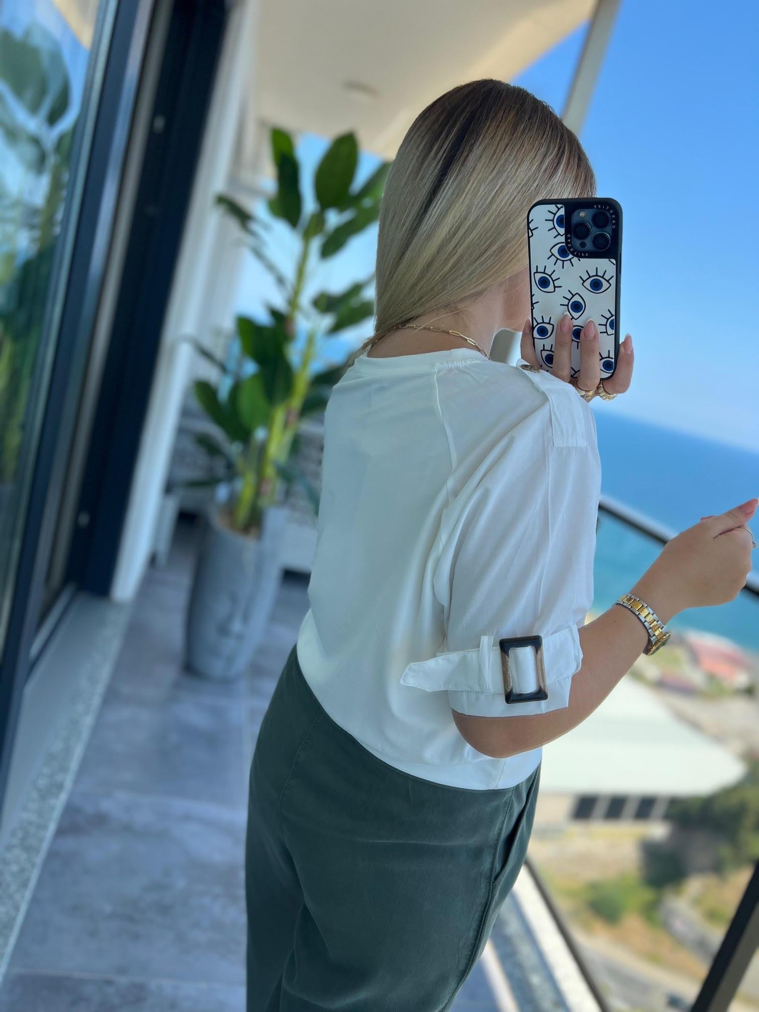 28503 Paraşüt Detay Kısa Tshirt BEYAZ