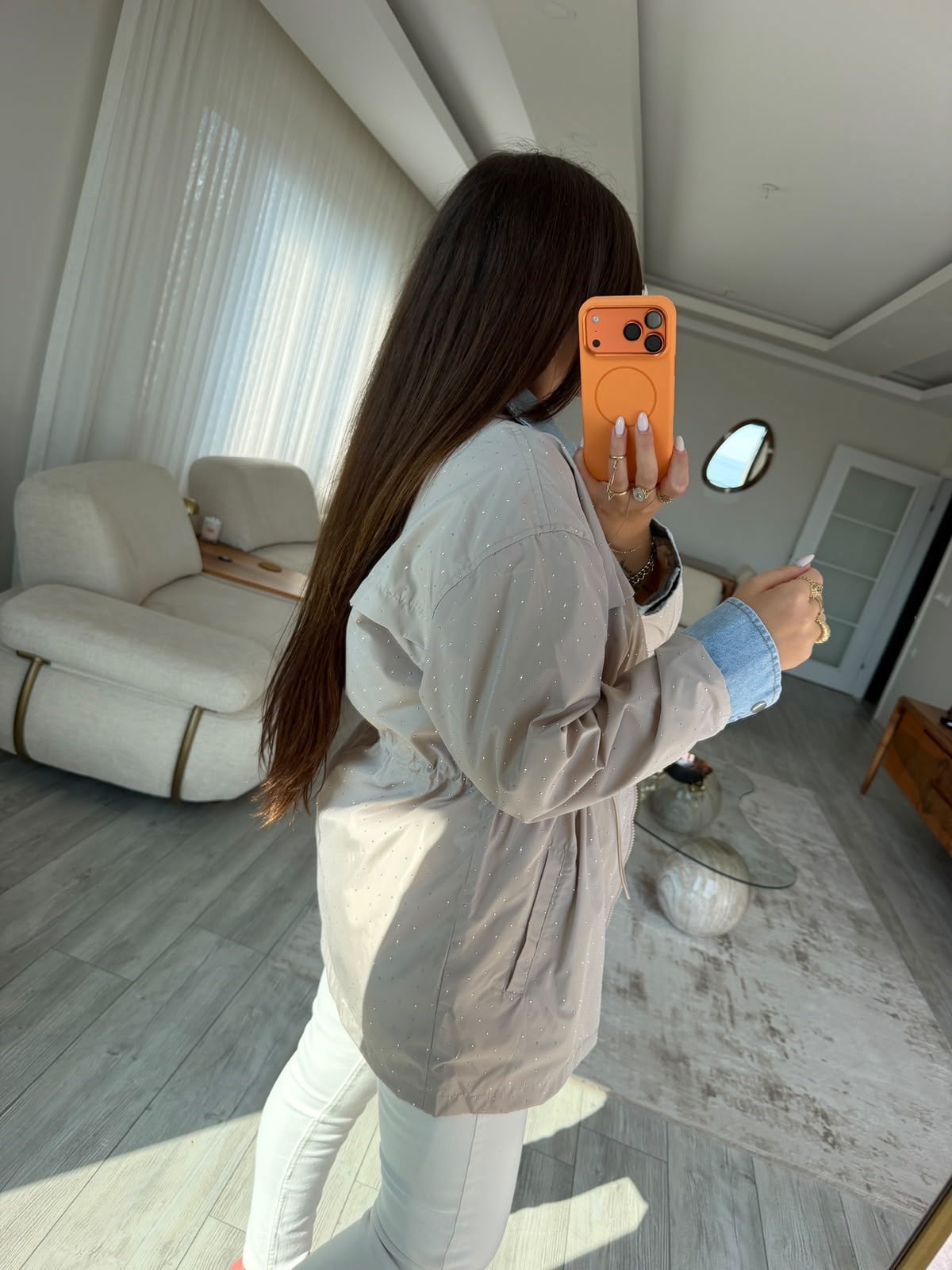 2884 Taşlı Denim Ceket BEJ