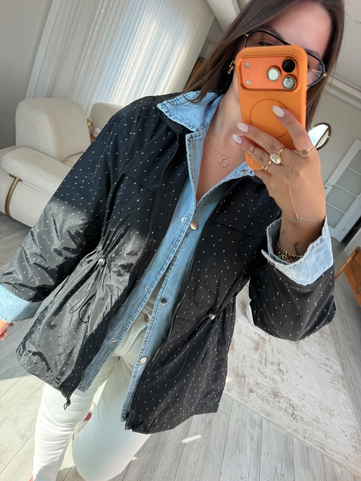 2884 Taşlı Denim Ceket SİYAH
