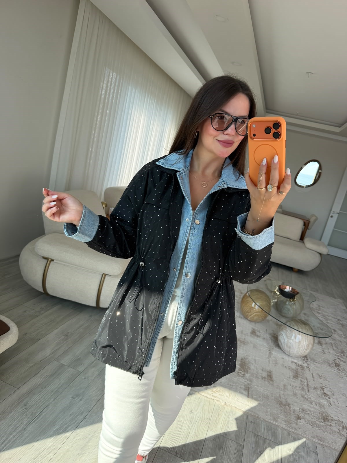 2884 Taşlı Denim Ceket SİYAH