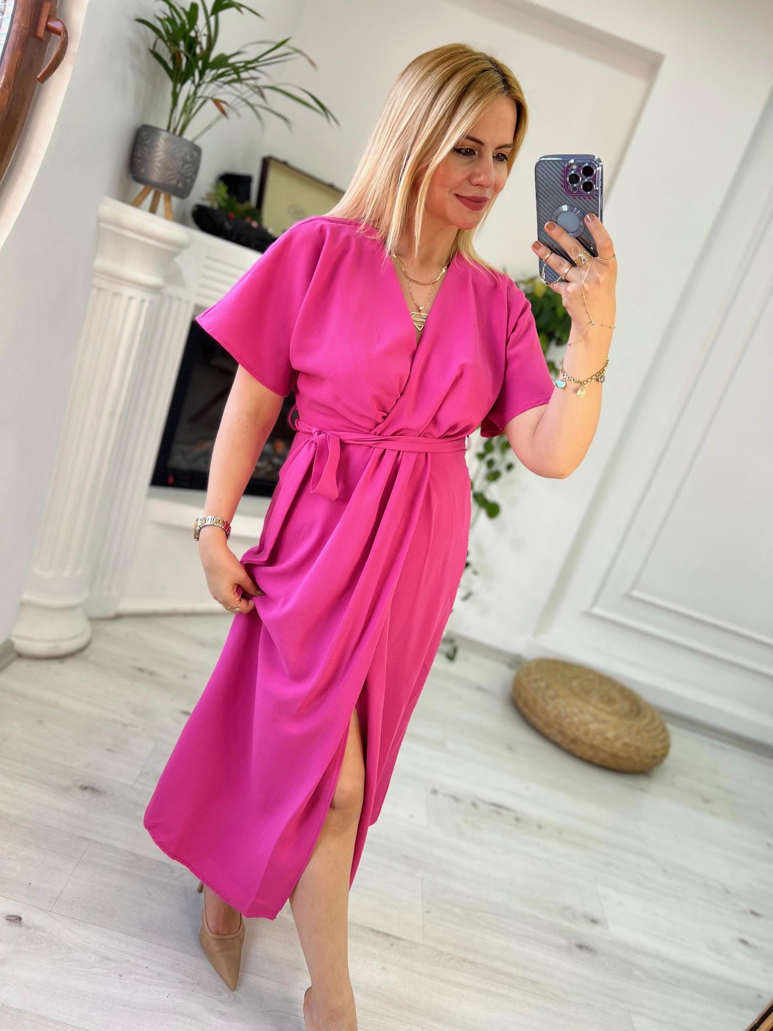 2930 Bel Detaylı Yarasa Elbise PEMBE