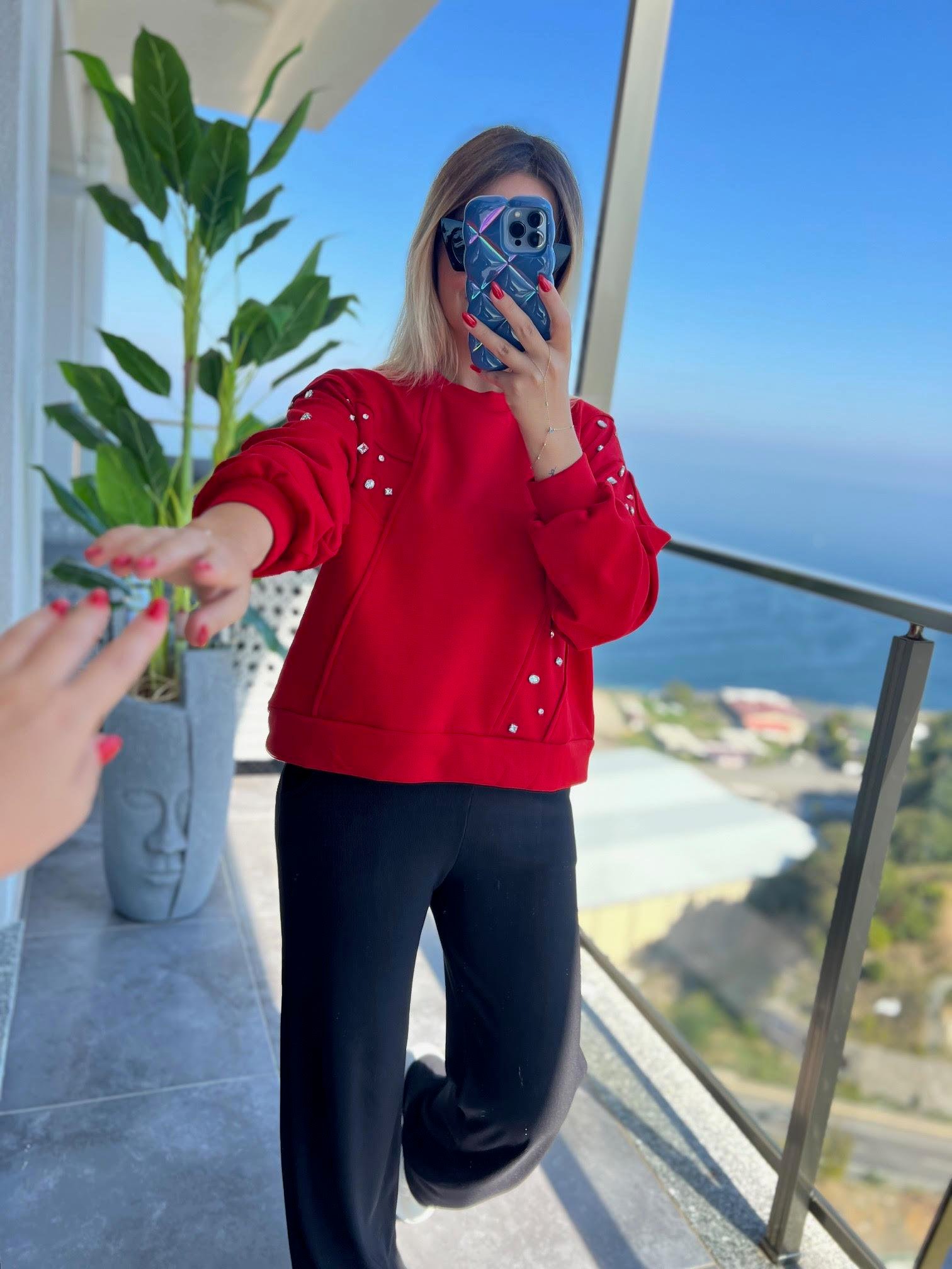 2965 Taş Detaylı Sweat KIRMIZI