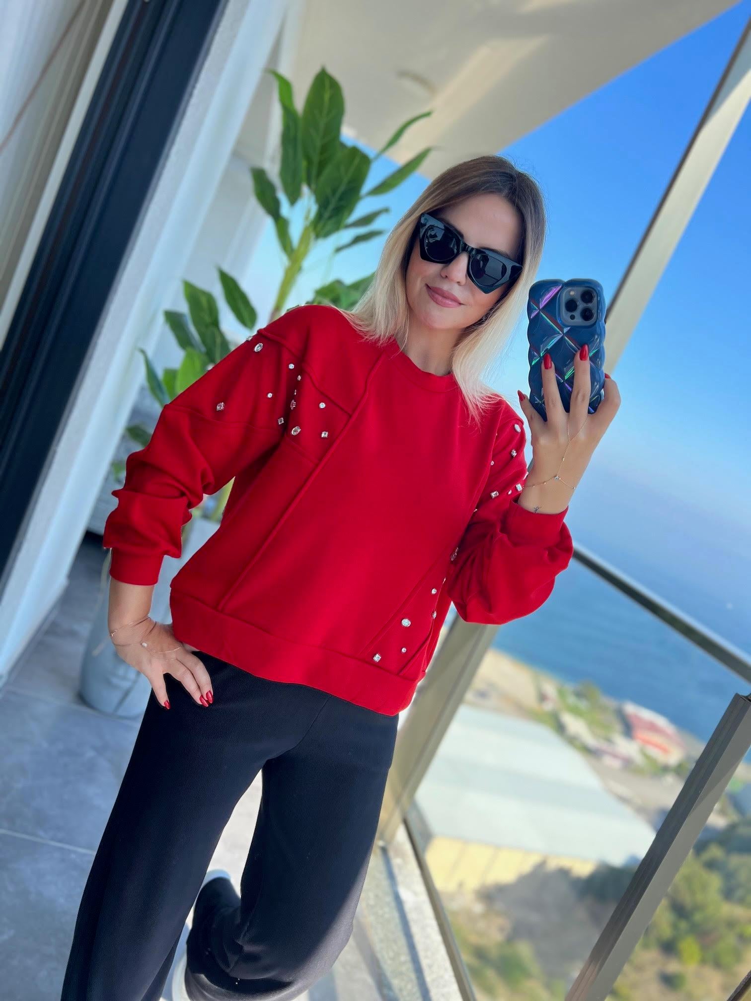 2965 Taş Detaylı Sweat KIRMIZI