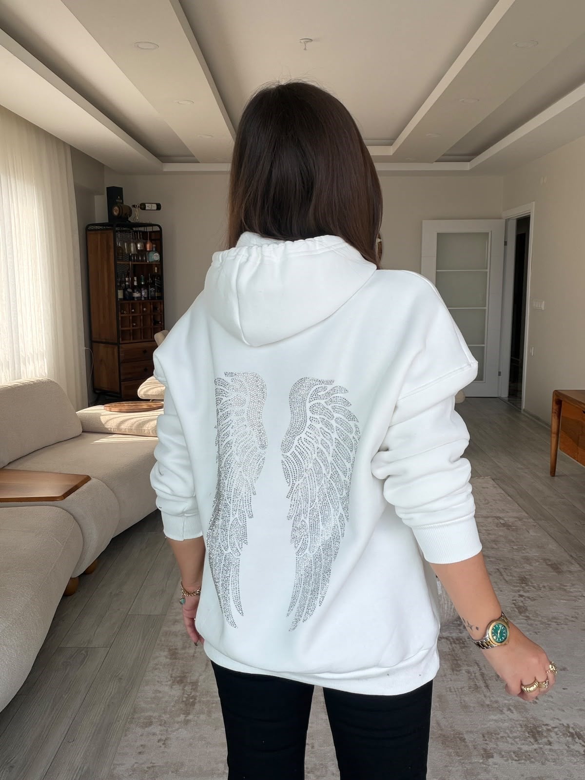 3004 Kanat Taş Kapşonlu Sweat EKRU