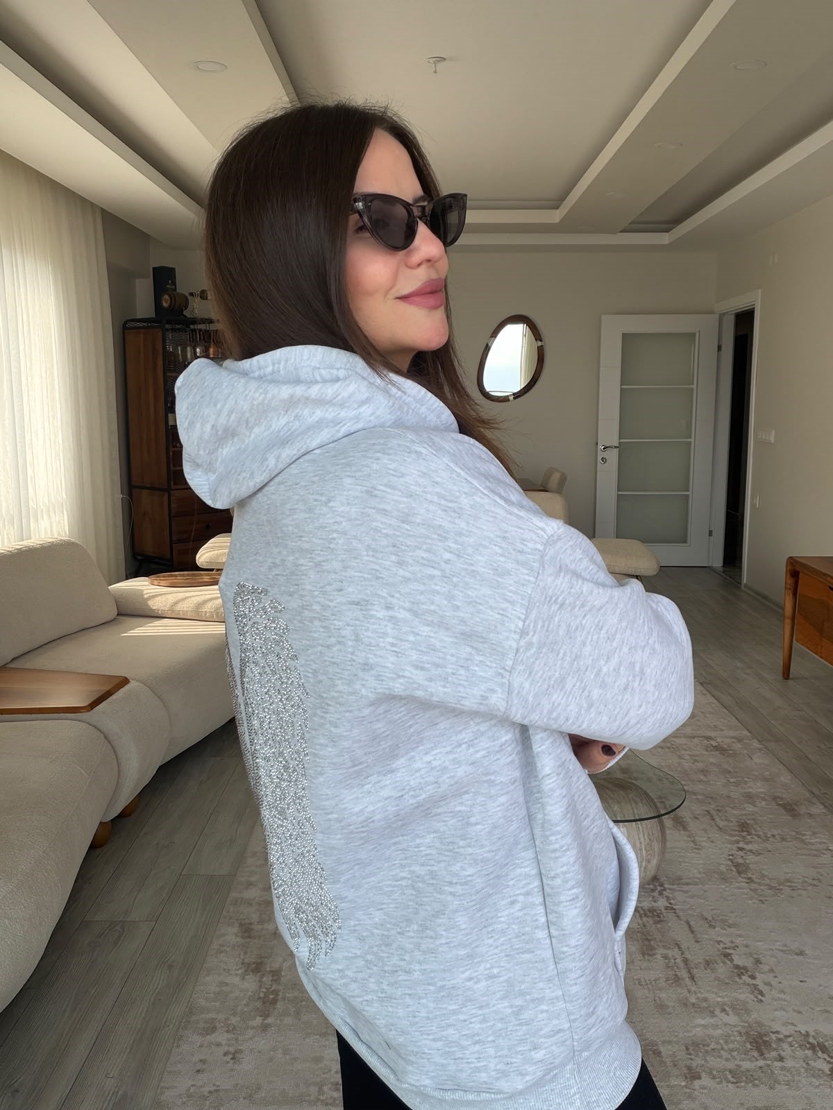 3004 Kanat Taş Kapşonlu Sweat GRİ
