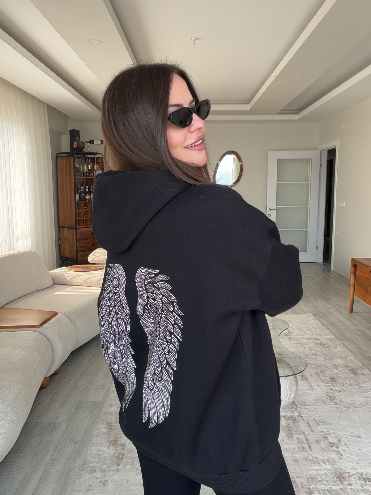 3004 Kanat Taş Kapşonlu Sweat SİYAH