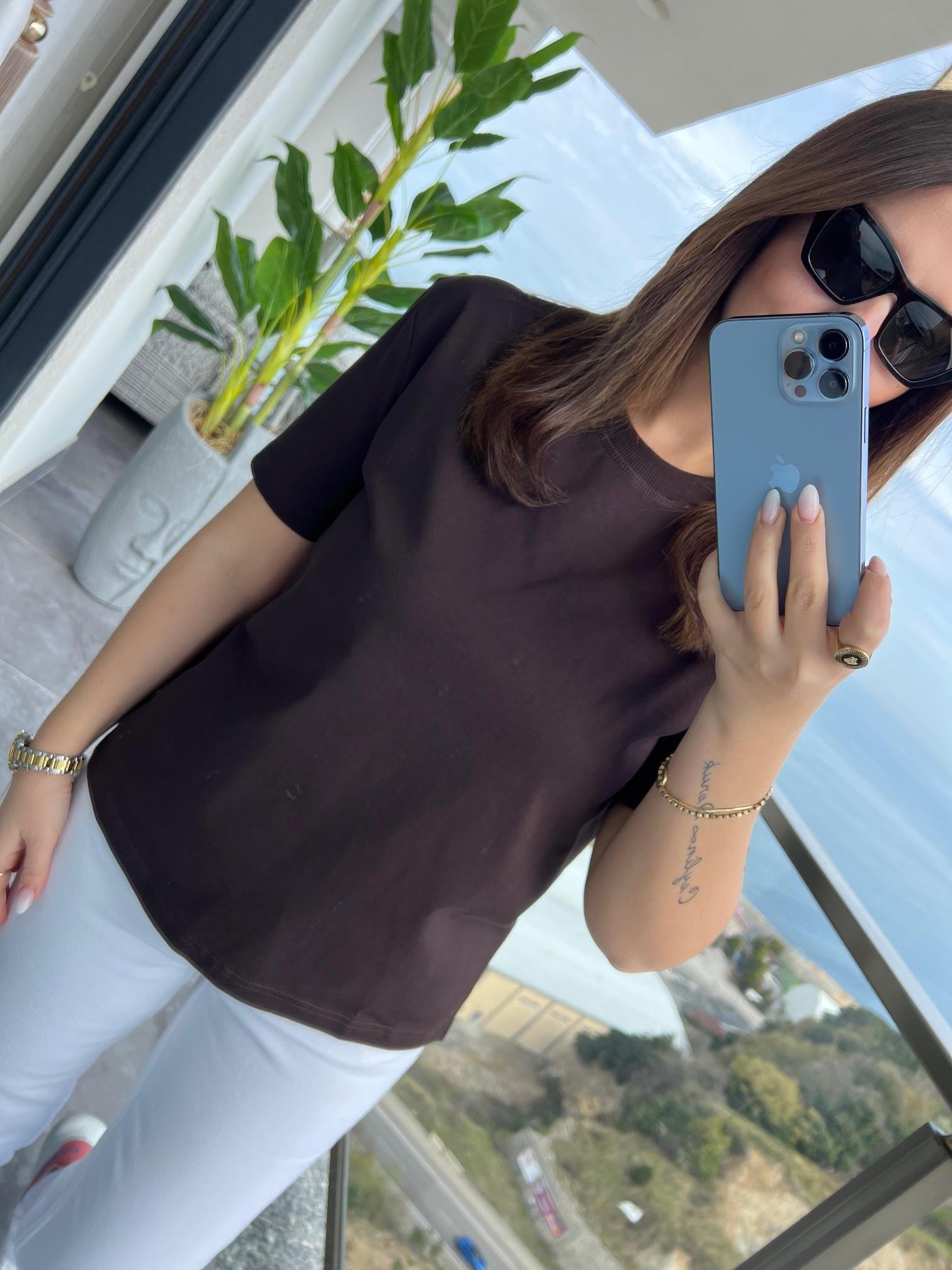 30312 Dekoratif Dikişli Tshirt KAHVE