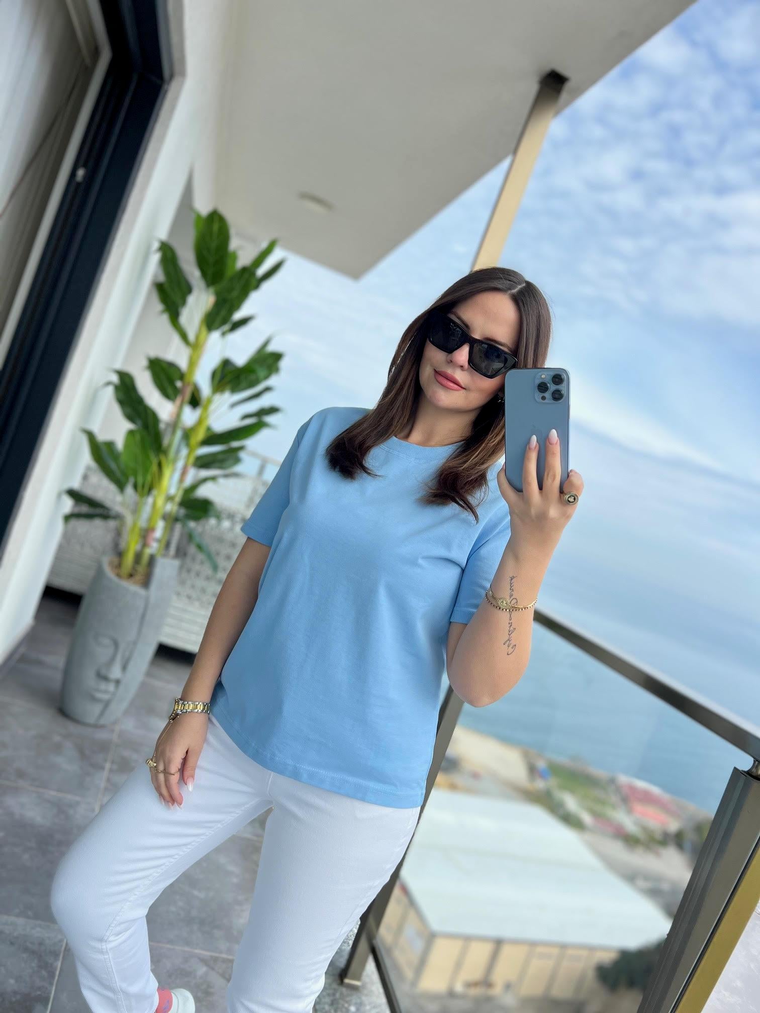 30312 Dekoratif Dikişli Tshirt MAVİ