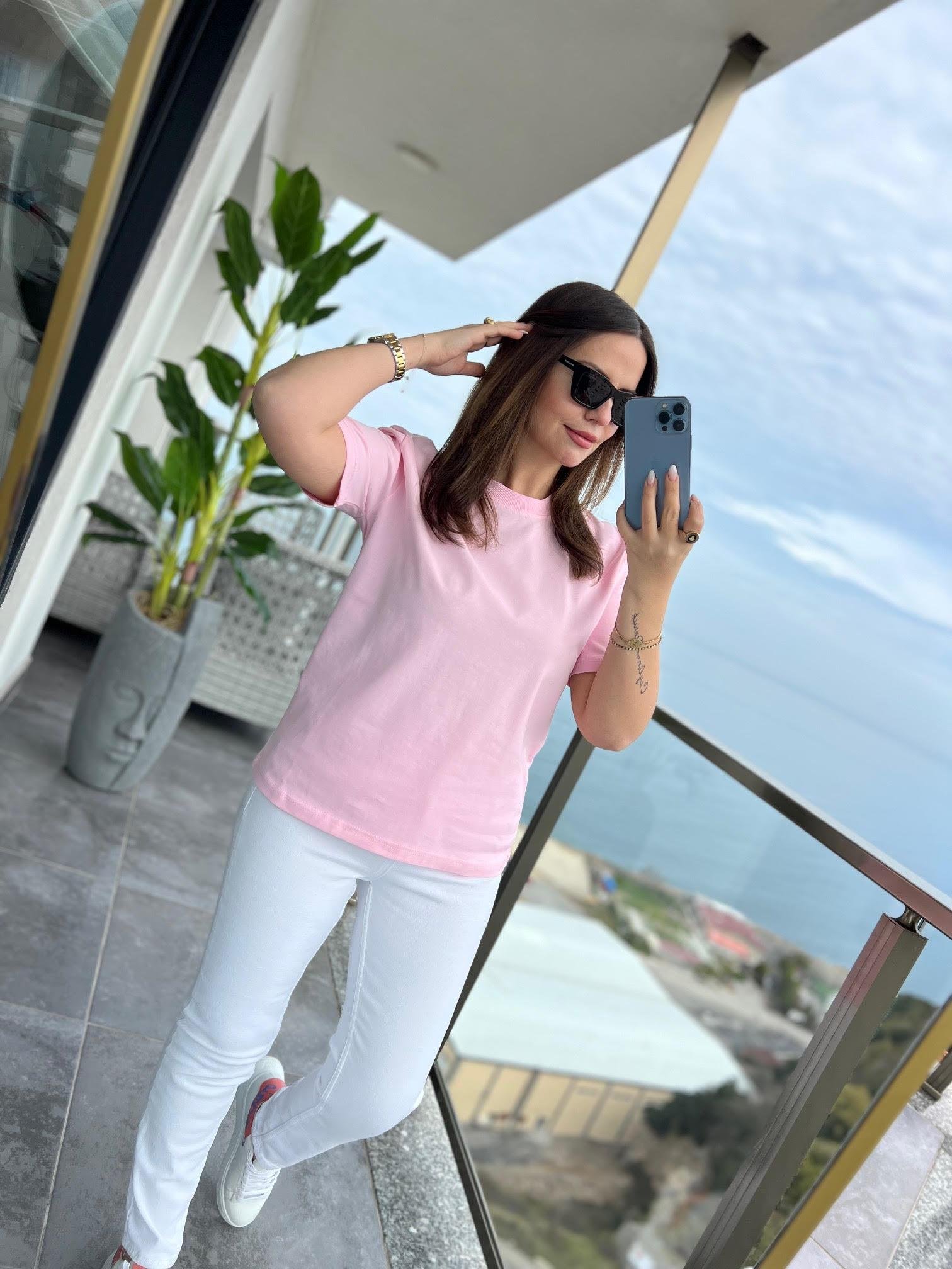 30312 Dekoratif Dikişli Tshirt PEMBE