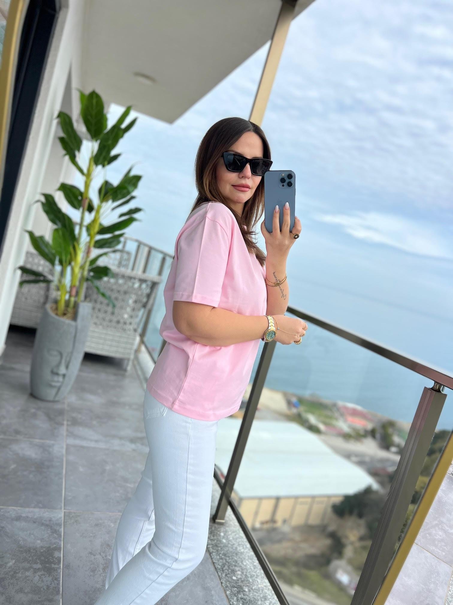 30312 Dekoratif Dikişli Tshirt PEMBE