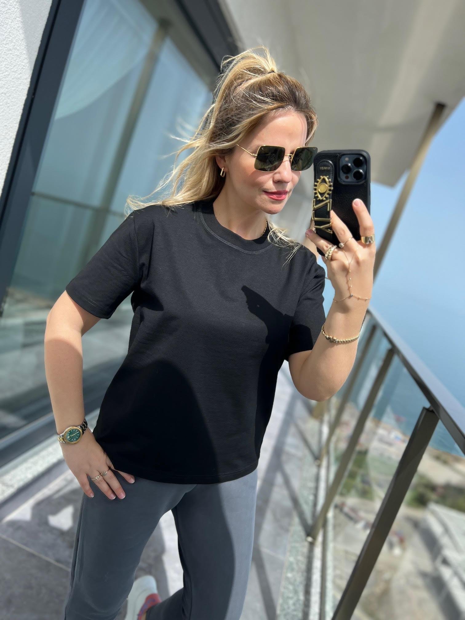 30312 Dekoratif Dikişli Tshirt SİYAH