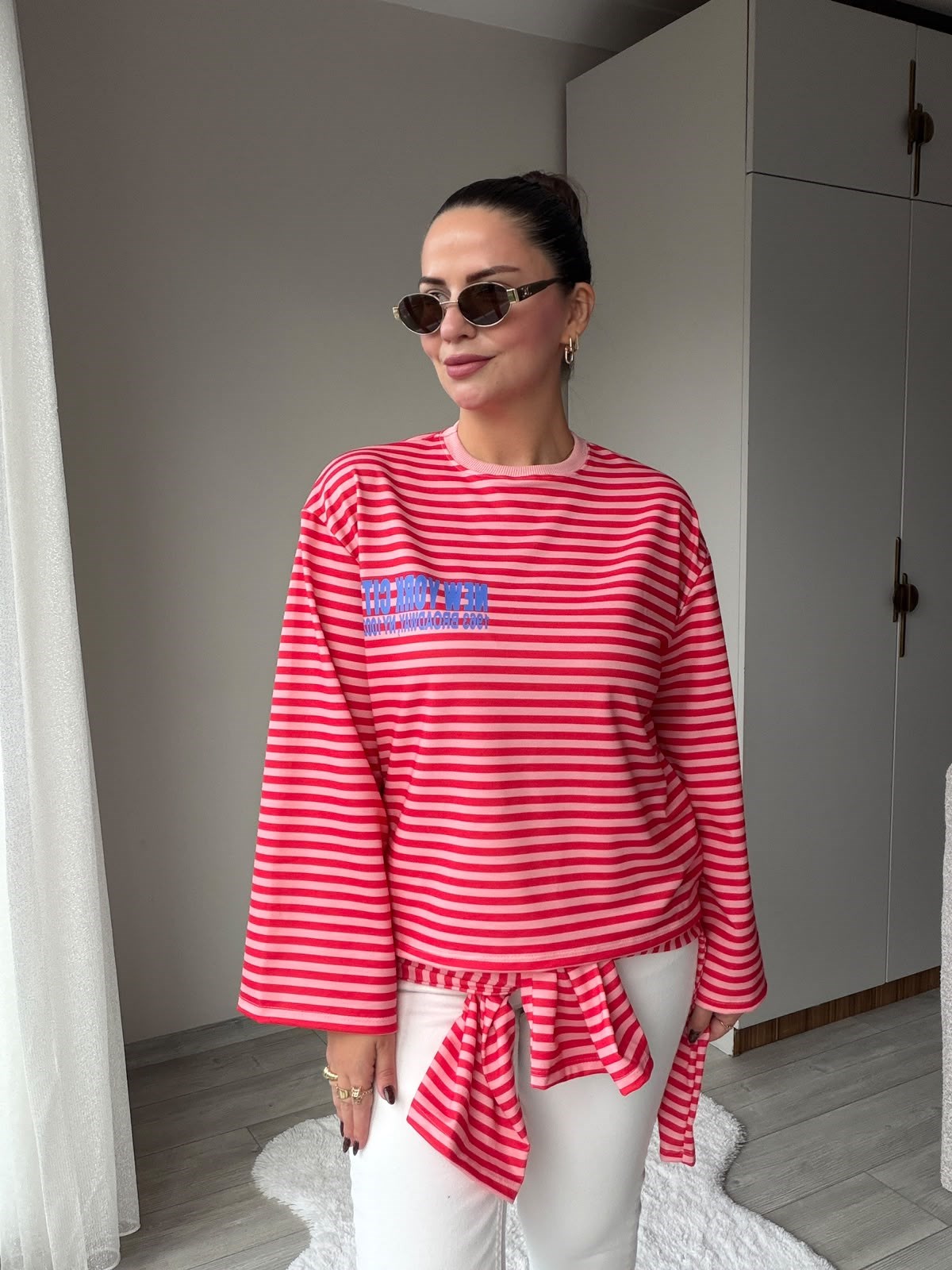3074 NewYork Yazılı Çizgili Sweat KIRMIZI