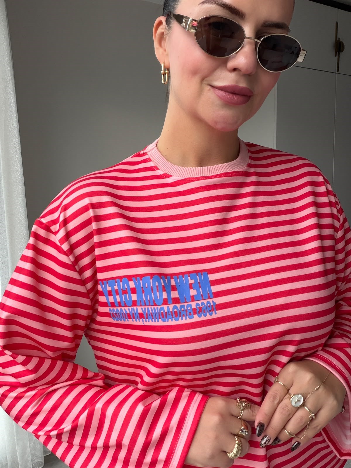 3074 NewYork Yazılı Çizgili Sweat KIRMIZI