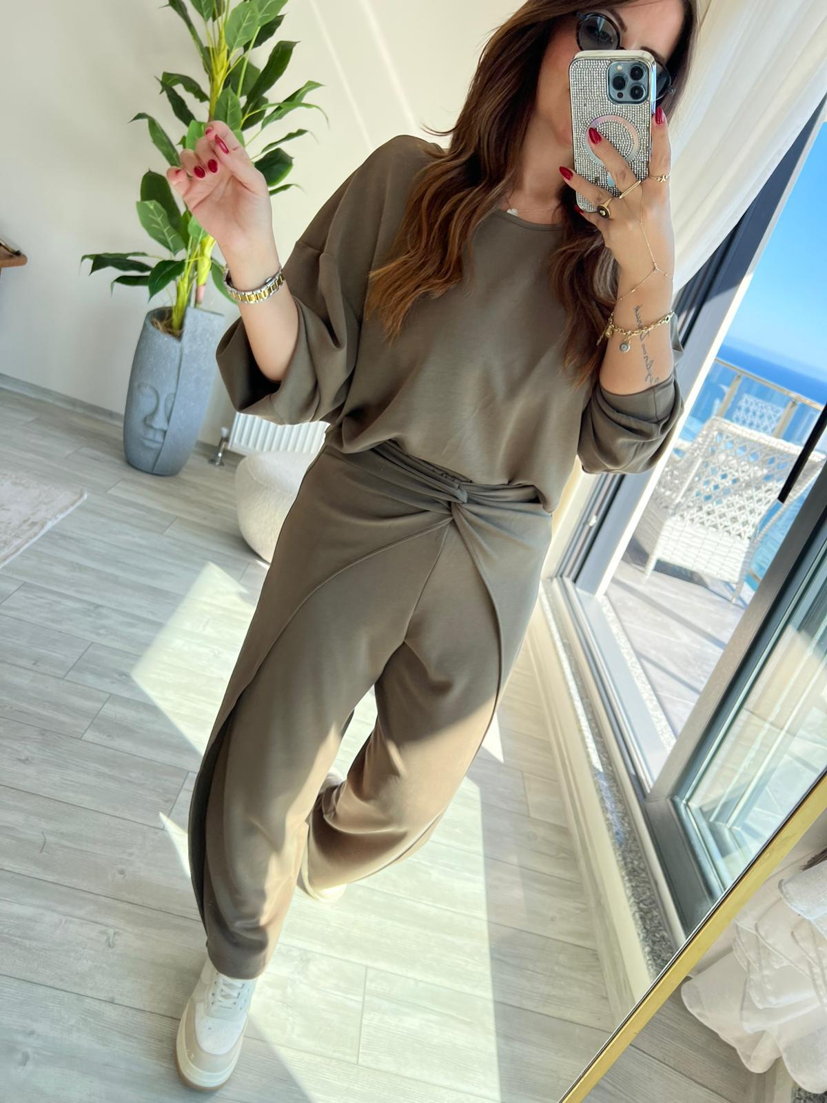 3149 Pantolonu Bluzu Düğüm Detay Takım YEŞİL