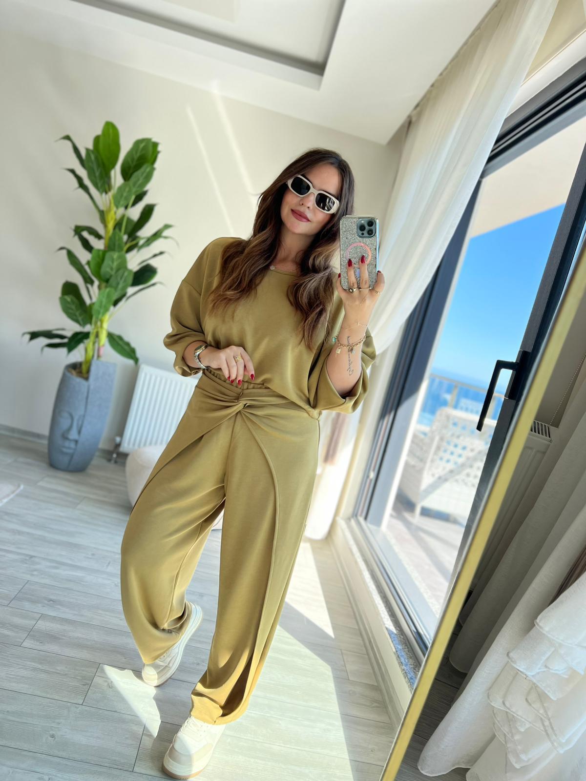 3149 Pantolonu Bluzu Düğüm Detay Takım olive