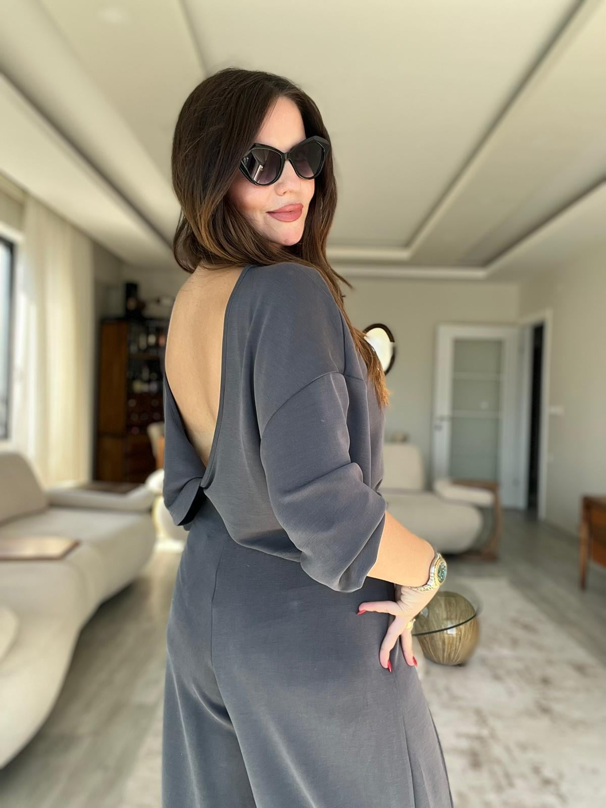 3149 Pantolonu Bluzu Düğüm Detay Takım ANTRESİT