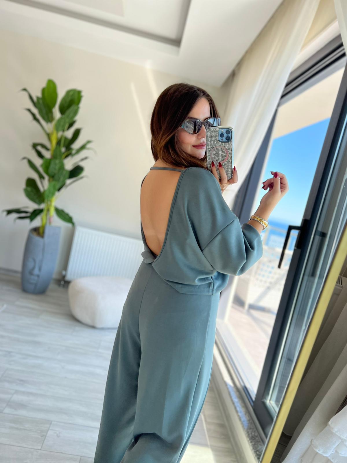 3149 Pantolonu Bluzu Düğüm Detay Takım ÇİMEN YEŞİLİ
