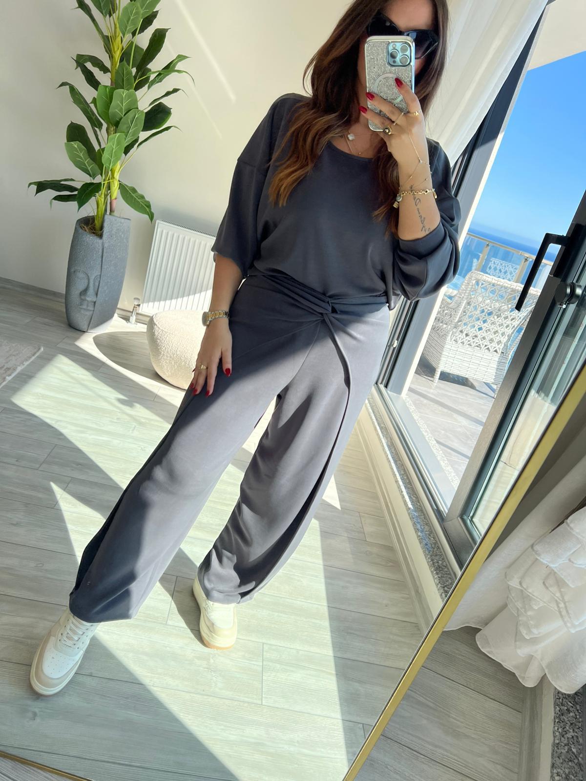 3149 Pantolonu Bluzu Düğüm Detay Takım ANTRESİT