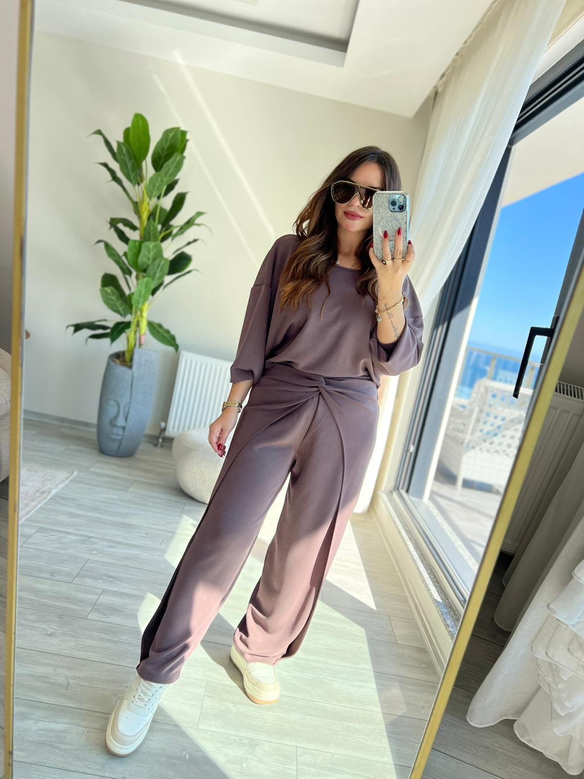3149 Pantolonu Bluzu Düğüm Detay Takım KAHVE