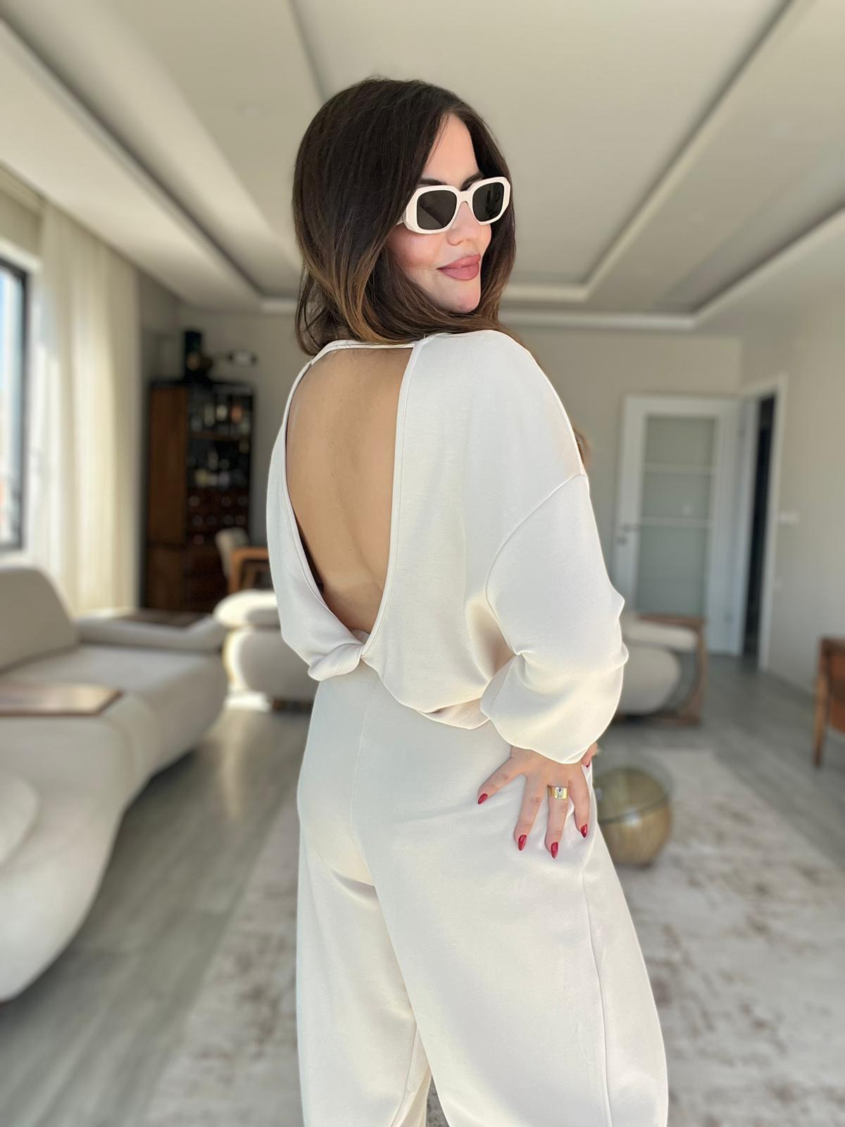 3149 Pantolonu Bluzu Düğüm Detay Takım KREM