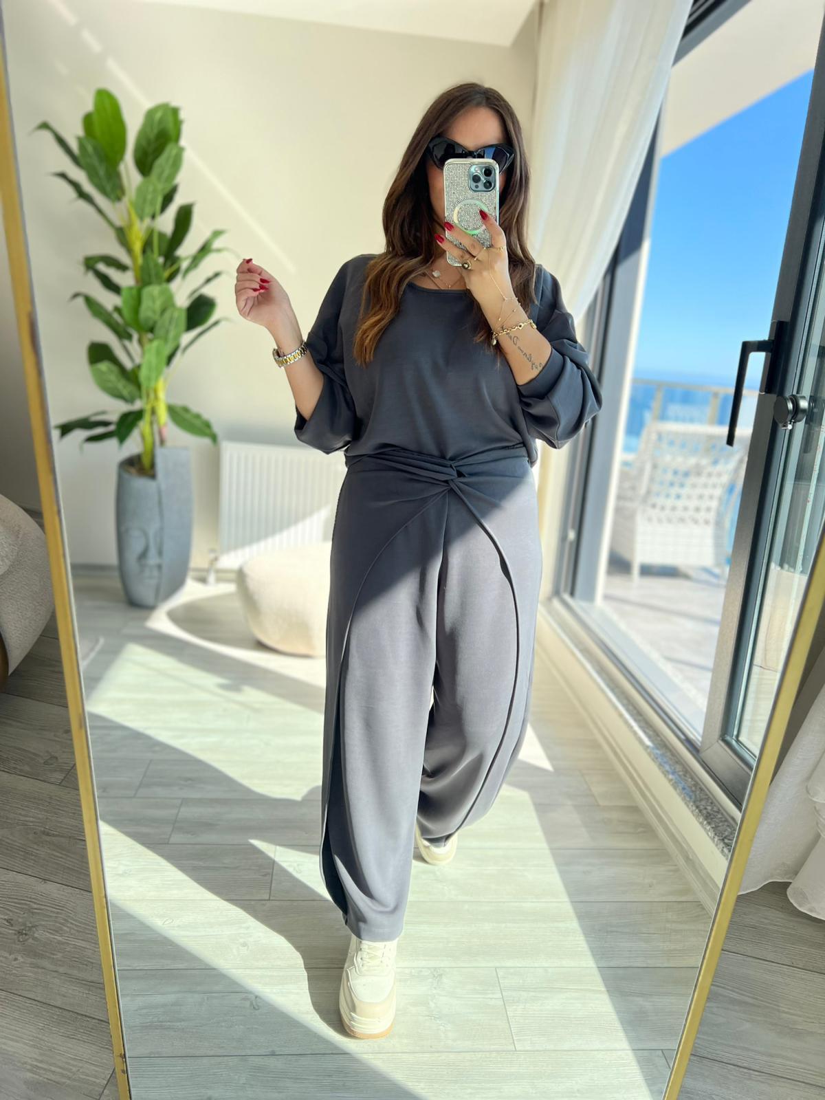 3149 Pantolonu Bluzu Düğüm Detay Takım ANTRESİT