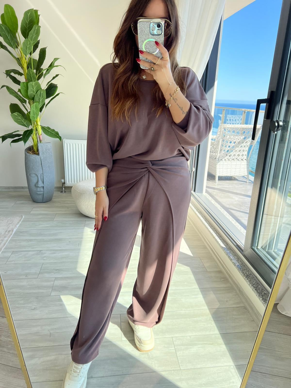 3149 Pantolonu Bluzu Düğüm Detay Takım KAHVE