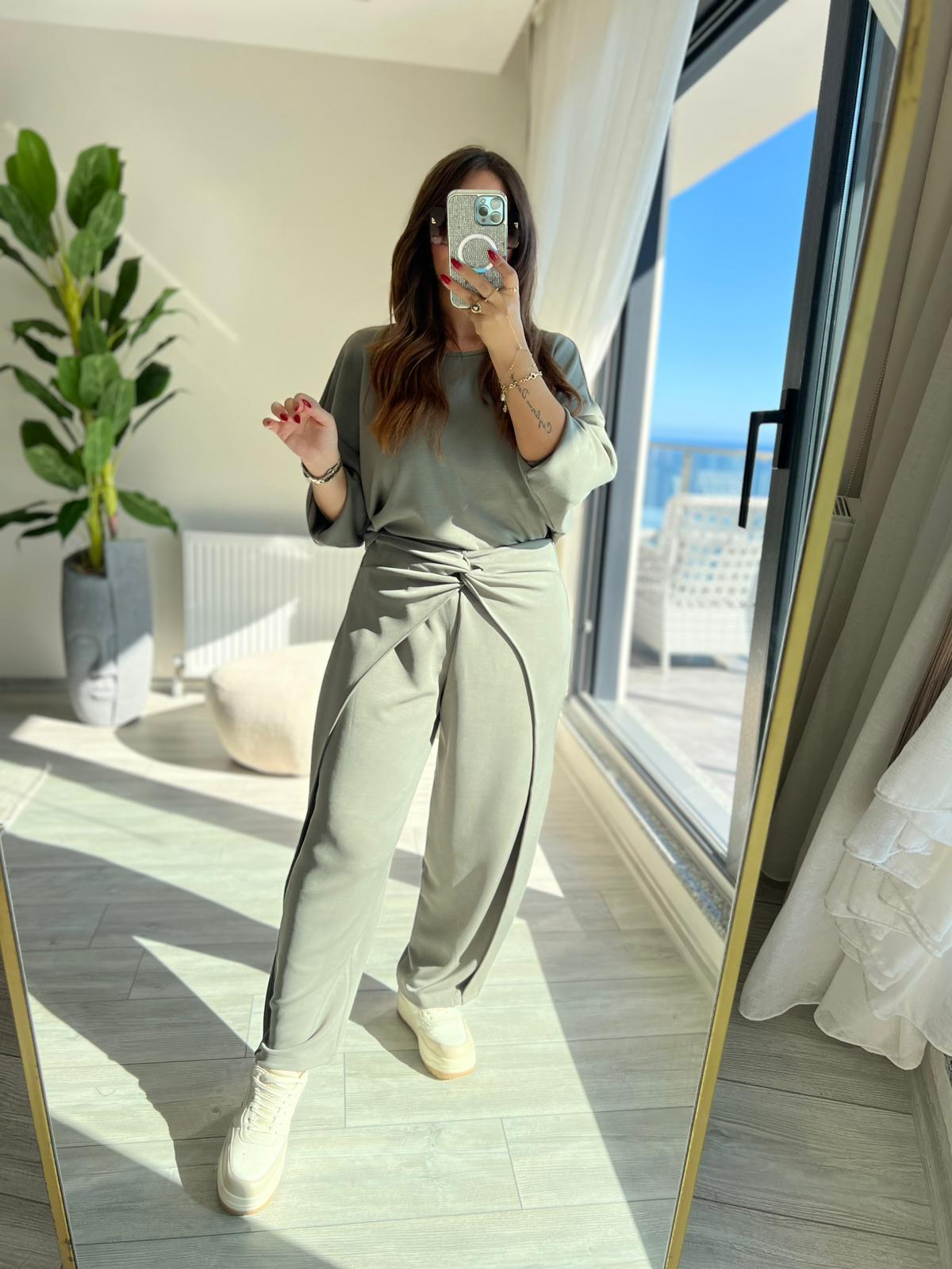 3149 Pantolonu Bluzu Düğüm Detay Takım HAKİ YEŞİL