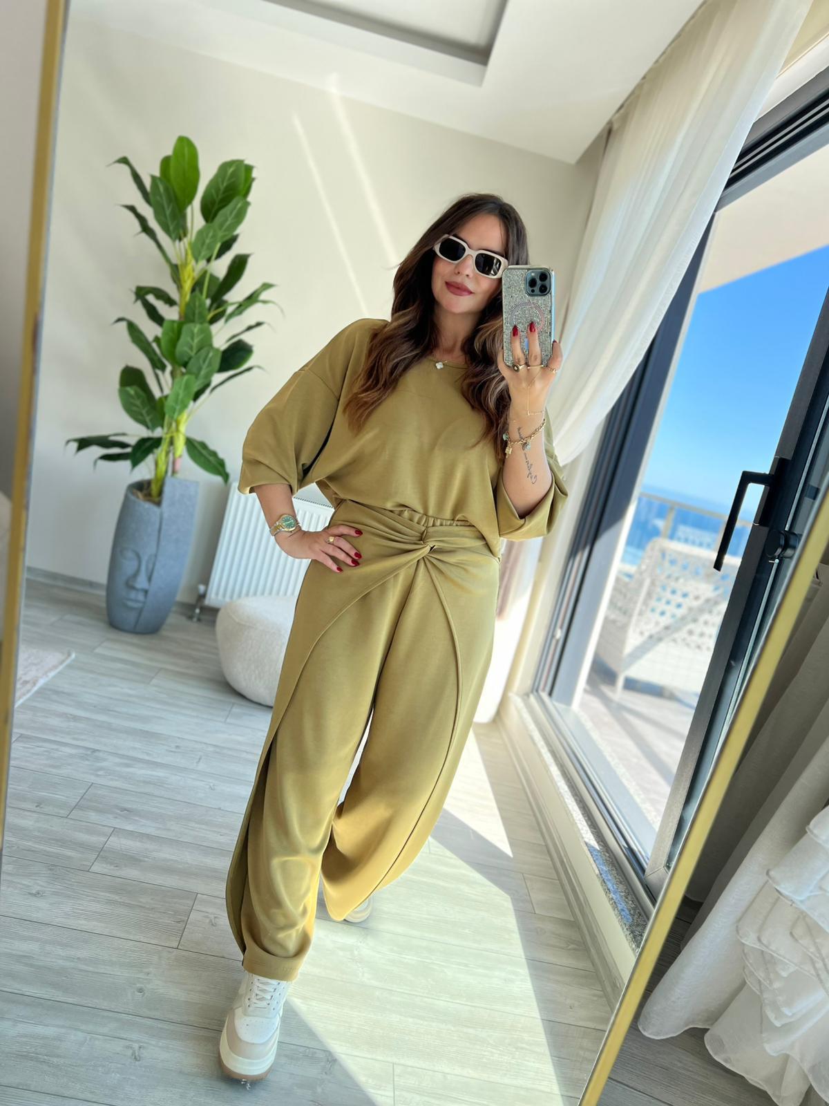 3149 Pantolonu Bluzu Düğüm Detay Takım olive